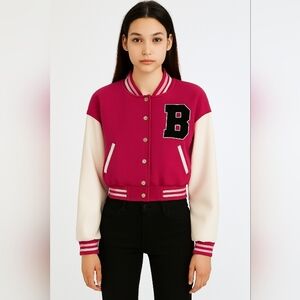 Love Tree Barbie University Fleece Varsity Jacket Pink White Large